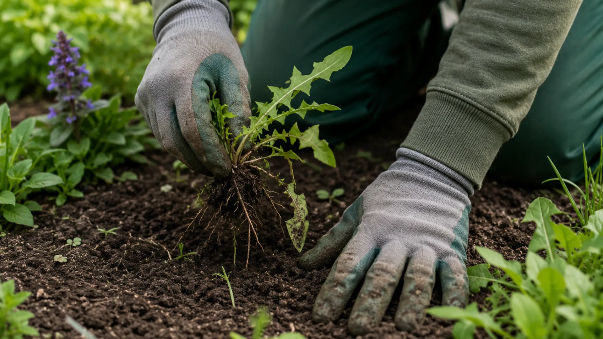 Mann bekämpft Unkraut im Garten